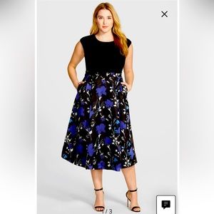 Alex Evenings Women's Tea Length Cap Sleeve Floral Print‎ Blue Black 20W EUC